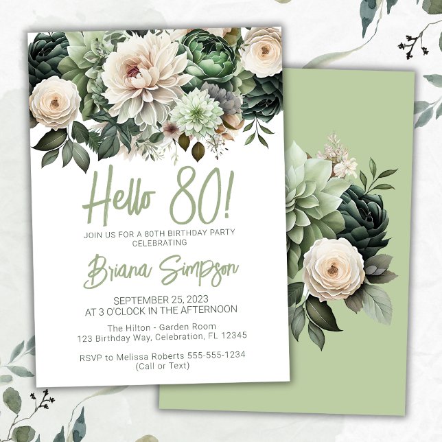 Invitación Fiesta de cumpleaños 80 Sage Verde Floral (Subido por el creador)