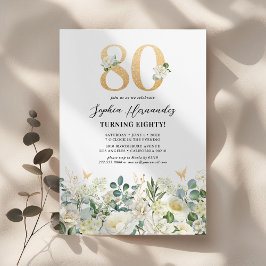 Invitación Fiesta de cumpleaños 80 Verde y Floral Blanco