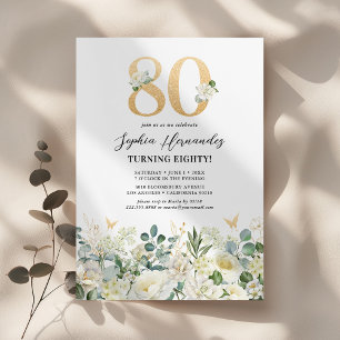 Invitación Fiesta de cumpleaños 80 Verde y Floral Blanco