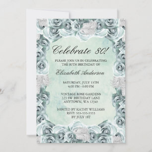Invitación Fiesta de cumpleaños 80 Vintage Rosas Azules y Plu
