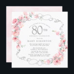 Invitación Fiesta de cumpleaños 80th Pink Floral Cherry Bloss<br><div class="desc">Las flores blandas de cerezo rosa se entrelazan con un elegante marco plateado. Los detalles de la fiesta de cumpleaños número 80 están escritos en un texto gris suave. Esta invitación cuadrada de cumpleaños tiene un suave lavado de acuarela rosa en la parte trasera. Es fiesta de la 80ª colección...</div>