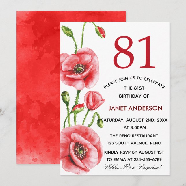 Invitación Fiesta de cumpleaños 81 de Flanders Poppy Watercol (Anverso / Reverso)