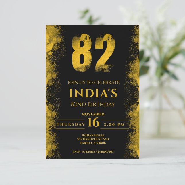 Invitación Fiesta de cumpleaños 82 de Black And Gold (Anverso de pie)