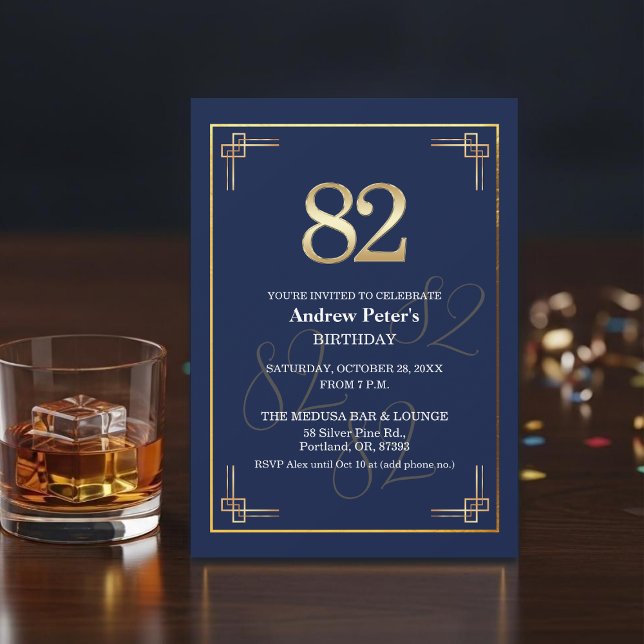 Invitación Fiesta de cumpleaños 82 Elegante Azul Oro (Subido por el creador)