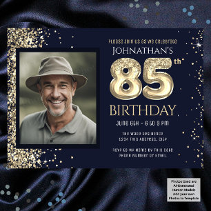 Invitación Fiesta de cumpleaños 85 años Foto dorada con brill