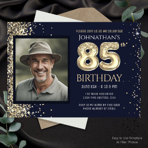 Invitación Fiesta de cumpleaños 85 años Foto dorada con brill