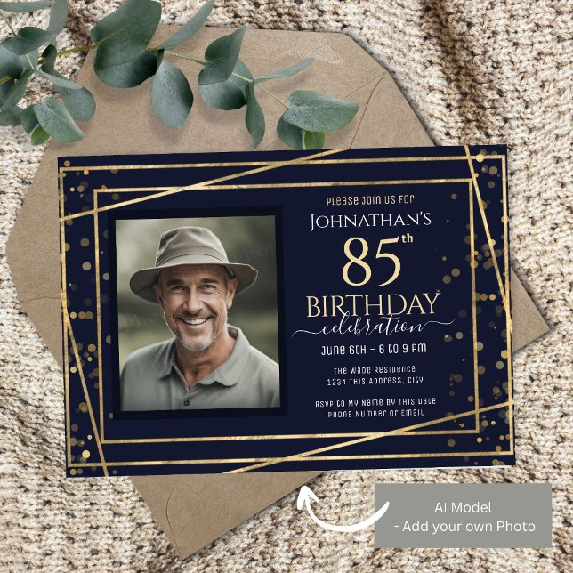 Invitación Fiesta de cumpleaños 85 azul dorado con foto (Subido por el creador)