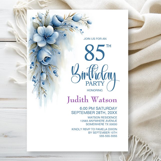 Invitación Fiesta de cumpleaños 85 azul floral (Subido por el creador)
