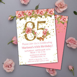 Invitación Fiesta de cumpleaños 85 con flores rosadas y brill