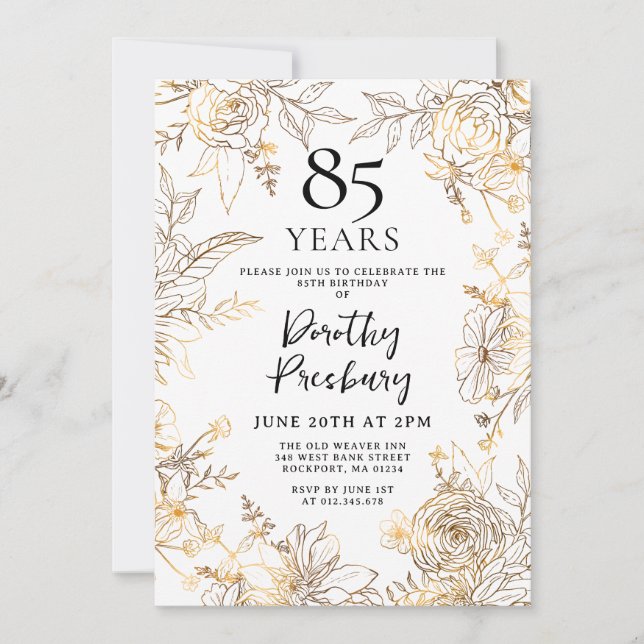 Invitación Fiesta de cumpleaños 85 de Gold White Floral (Anverso)