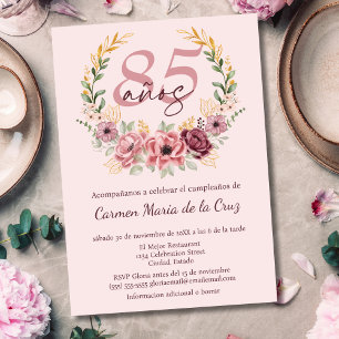 Invitación Fiesta de Cumpleaños 85 Elegante Floral Rosa Españ