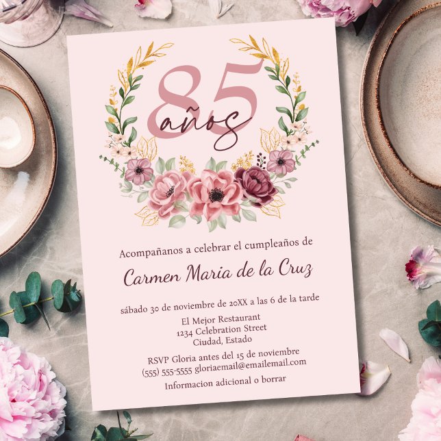 Invitación Fiesta de Cumpleaños 85 Elegante Floral Rosa Españ (Subido por el creador)