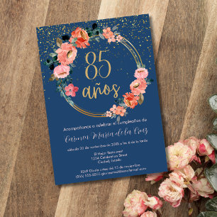 Invitación Fiesta de Cumpleaños 85 Español Azul Dorado Rosa F