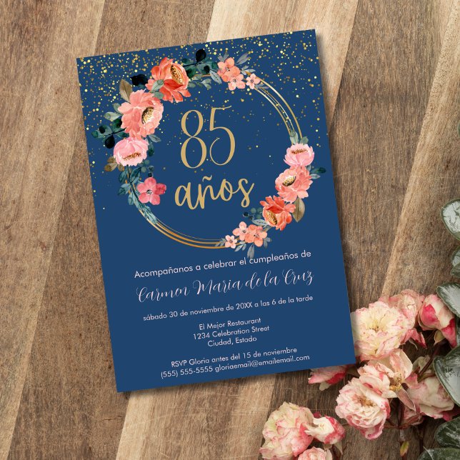 Invitación Fiesta de Cumpleaños 85 Español Azul Dorado Rosa F (Subido por el creador)