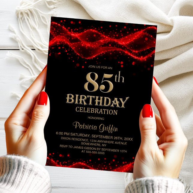 Invitación Fiesta de cumpleaños 85 moderna en negro y rojo (Subido por el creador)