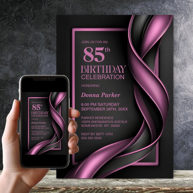 Invitación Fiesta de cumpleaños 85 moderna en negro y rosa (Subido por el creador)