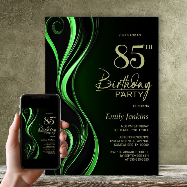 Invitación Fiesta de cumpleaños 85 moderna en negro y verde (Subido por el creador)