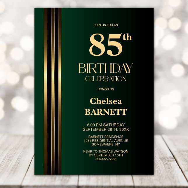 Invitación Fiesta de cumpleaños 85 negro verde con rayas dora (Subido por el creador)