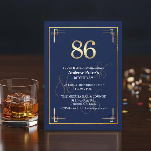 Invitación Fiesta de cumpleaños 86 Elegante Azul Oro