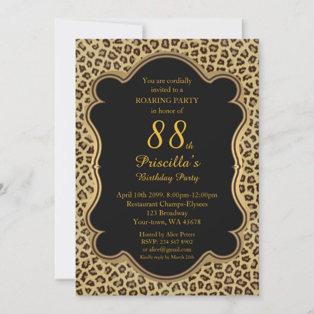 Invitación Fiesta de cumpleaños 88, Cheetah, Negro y Oro (Anverso)