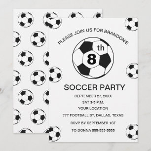 Invitación Fiesta de cumpleaños 8 años fútbol blanco niños de