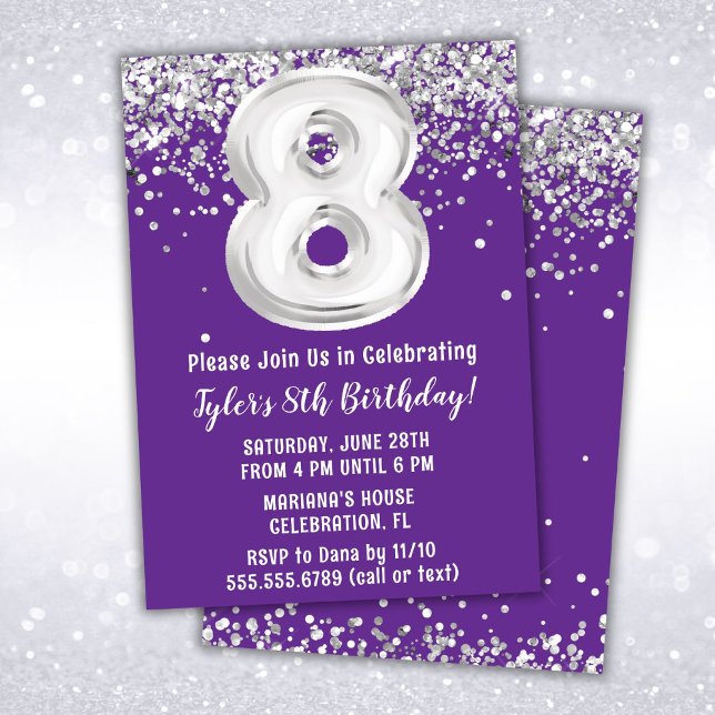 Invitación Fiesta de cumpleaños 8 años Purple Silver (Subido por el creador)