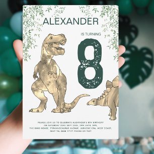 Invitación Fiesta de Cumpleaños 8 Dinosaurio Jungla Verde