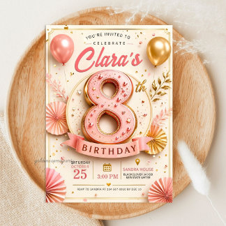 Invitación Fiesta de cumpleaños 8 elegante en rosa y dorado
