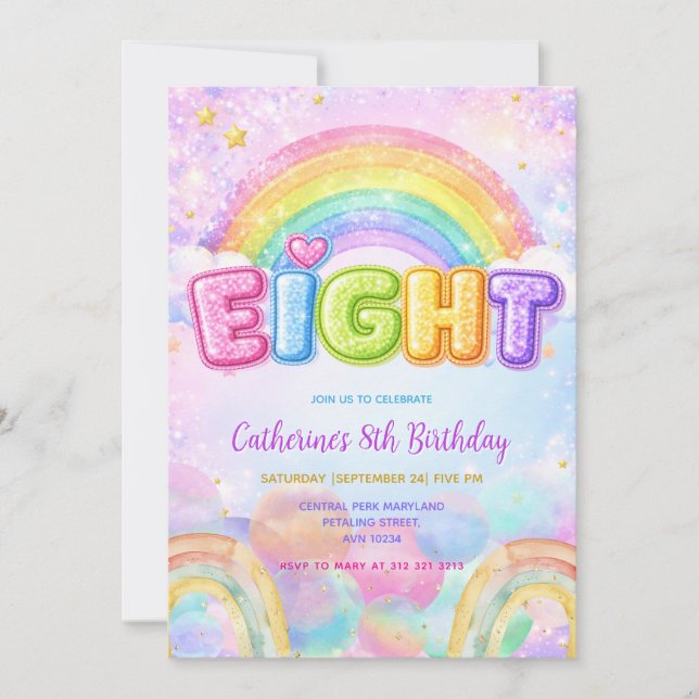 Invitación Fiesta de cumpleaños 8 Sparkle Rainbow (Anverso)