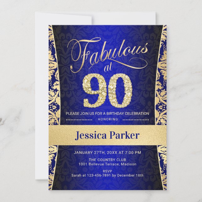 Invitación Fiesta de cumpleaños 90 - Azul real de oro (Anverso)