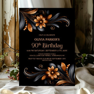 Invitación Fiesta de cumpleaños 90 Black Orange Floral