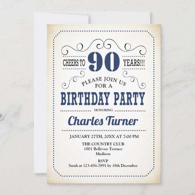 Invitación Fiesta de cumpleaños 90 - Blanco y marina retro cr (Anverso)