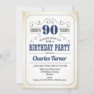Invitación Fiesta de cumpleaños 90 - Blanco y marina retro cr