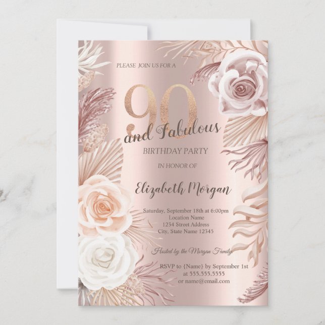 Invitación Fiesta de Cumpleaños 90 Boho Flores Rosa Dorado (Anverso)