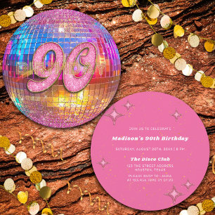 Invitación Fiesta de Cumpleaños 90 Bola de Discoteca Dorada c