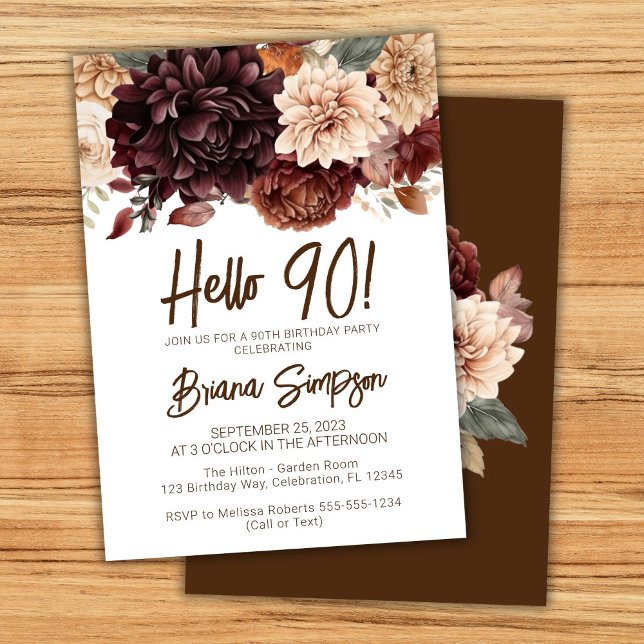 Invitación Fiesta de cumpleaños 90 Brown Beige Floral (Subido por el creador)