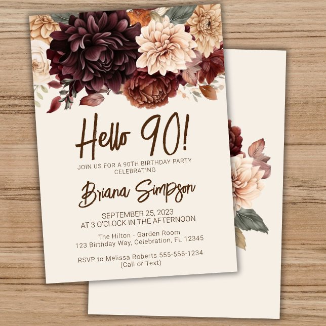 Invitación Fiesta de cumpleaños 90 Brown Beige Floral marfil (Subido por el creador)