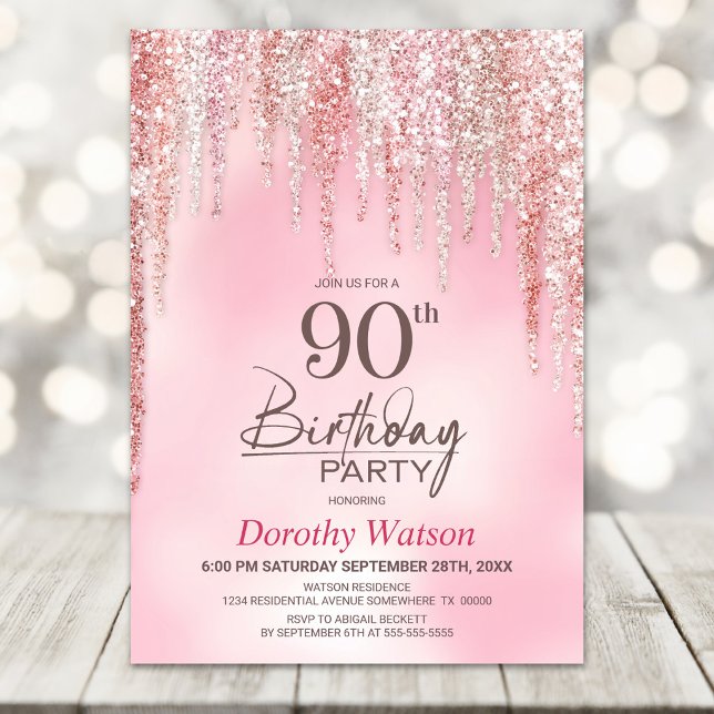 Invitación Fiesta de cumpleaños 90 con brillo rosa (Subido por el creador)