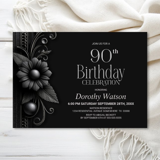 Invitación Fiesta de cumpleaños 90 con flor gris (Subido por el creador)