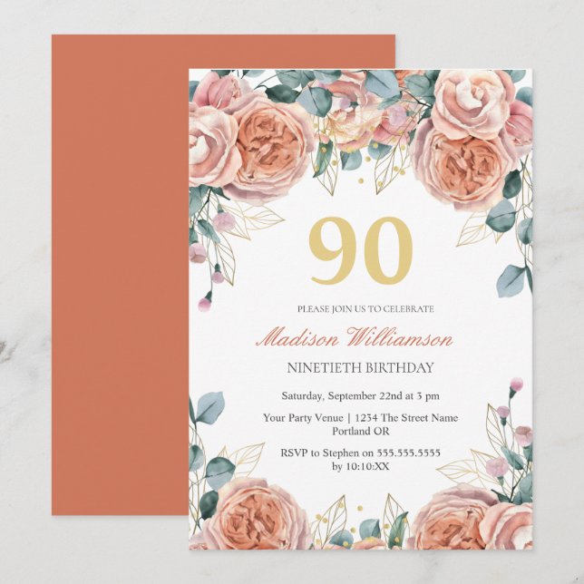 Invitación Fiesta de cumpleaños 90 con flores de rosas y euca (Anverso / Reverso)