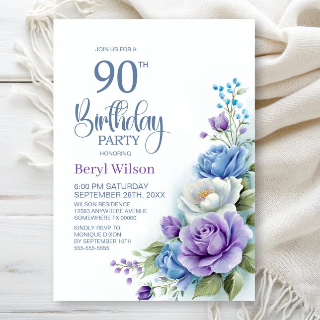 Invitación Fiesta de cumpleaños 90 con flores púrpura y azul (Subido por el creador)