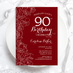 Invitación Fiesta de cumpleaños 90 con flores rojas