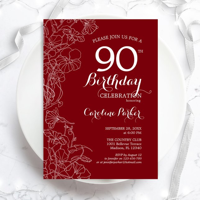Invitación Fiesta de cumpleaños 90 con flores rojas (Subido por el creador)