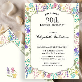 Invitación Fiesta de cumpleaños 90 con flores silvestres colo