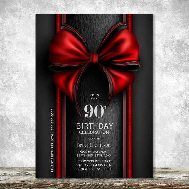 Invitación Fiesta de Cumpleaños 90 con Lazo Rojo Elegante (Subido por el creador)