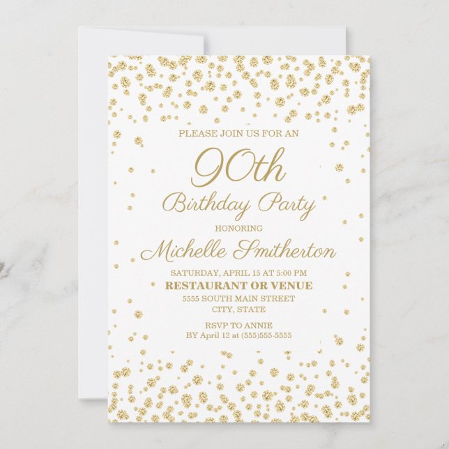 Invitación Fiesta de cumpleaños 90 con purpurina dorada y fon (Anverso)