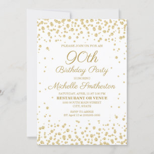 Invitación Fiesta de cumpleaños 90 con purpurina dorada y fon