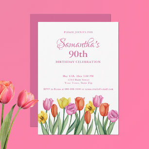 Invitación Fiesta de cumpleaños 90 con tulipanes acuarela