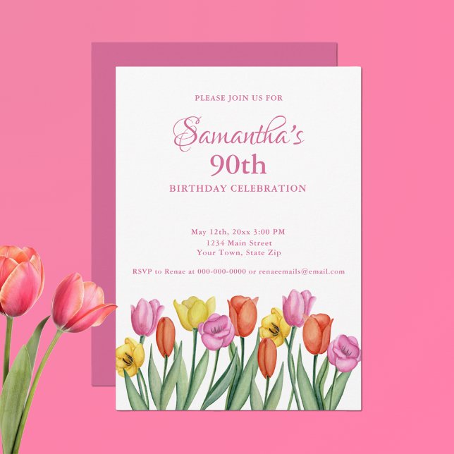 Invitación Fiesta de cumpleaños 90 con tulipanes acuarela (Subido por el creador)
