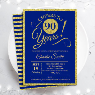 Invitación Fiesta de cumpleaños 90 - CUALQUIER EDAD Oro Azul